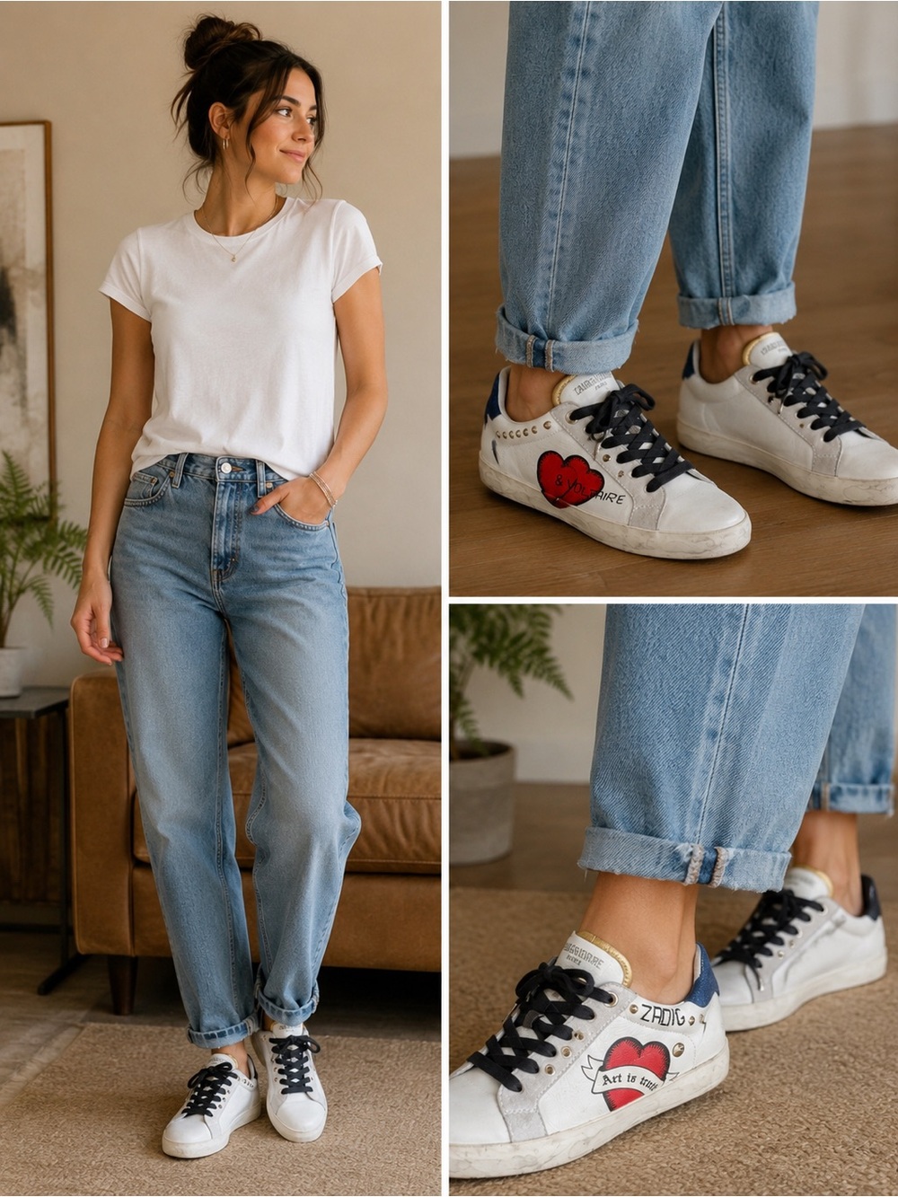 Zadig & Voltaire Paris Art‎ is Truth Women's Sneakers Leather Heart Patch 8.5
